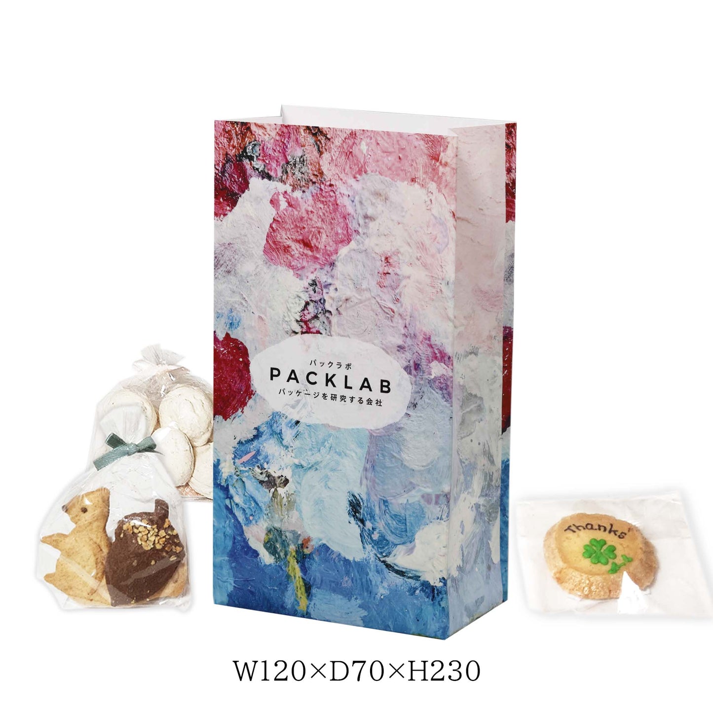 焼き菓子や小物がしっかり入る便利なサイズの角底袋です。おしゃれなデザインで、パーティーやイベントにもぴったり。小ロット専門店パックラボ 油絵柄