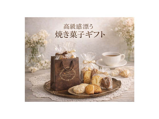 レザー調ブラウンの紙袋に焼き菓子を詰めた高級感のあるギフトセット