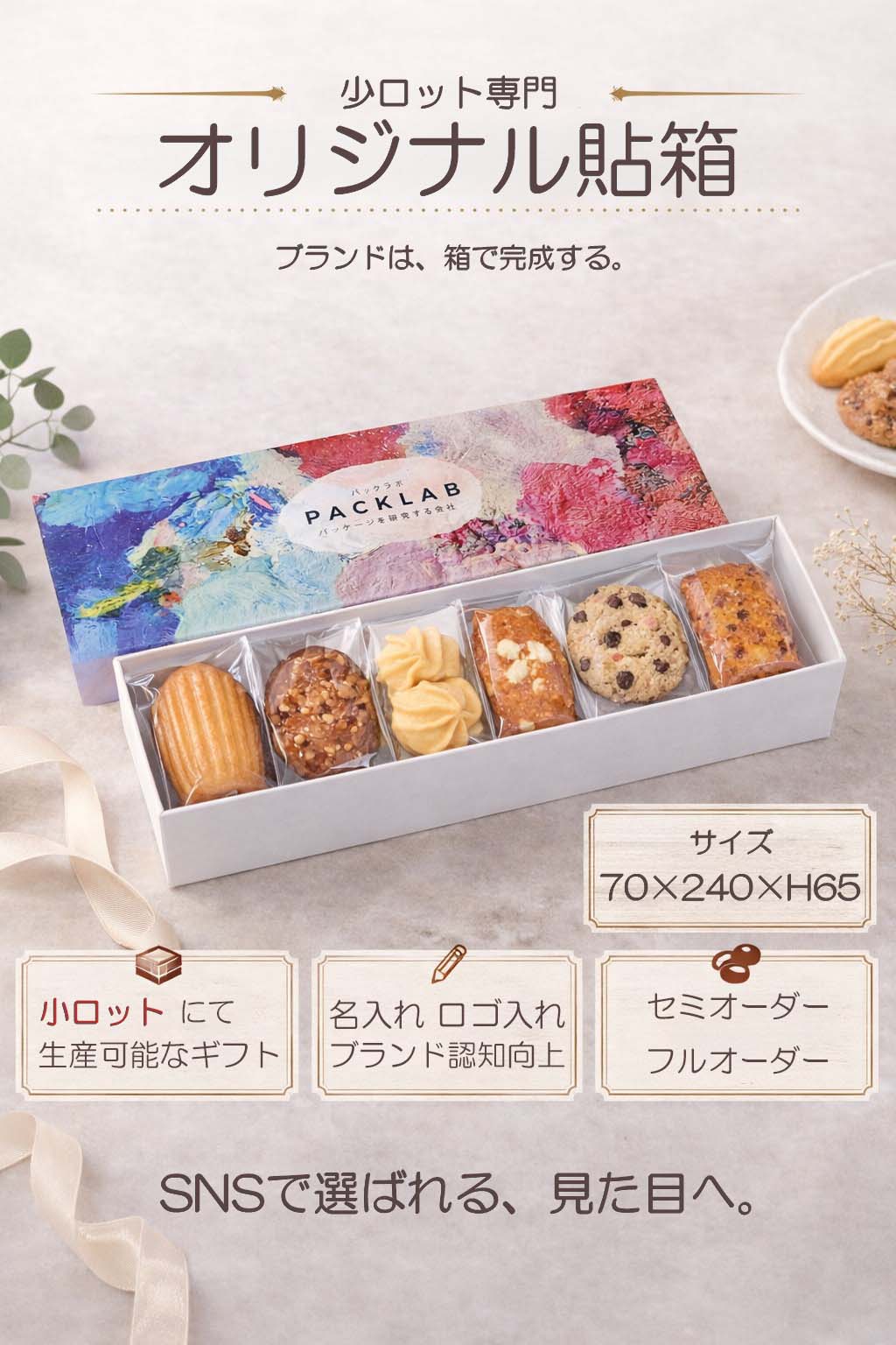 油絵風デザインのオリジナル貼箱に焼き菓子（マドレーヌやクッキー）が美しく並んだ洋菓子ギフトパッケージ。高級感と華やかさが特徴の小ロット対応ボックス。