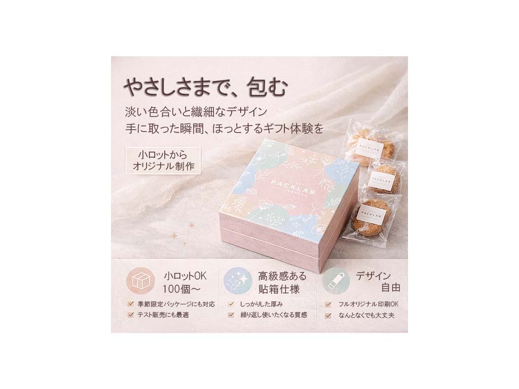 淡いパステルカラーのデザインが施されたオリジナル貼箱に、個包装の焼き菓子がセットされた高級感あるギフトパッケージ
