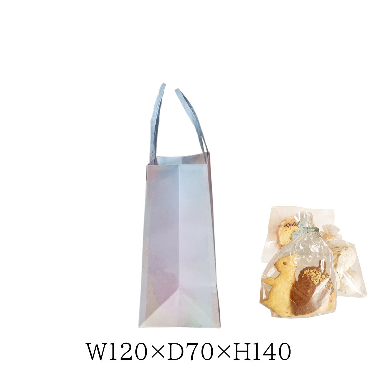 焼菓子を３～４個入れてギフト販売するのにピッタリな手提げ紙袋です。マチもあり小ロットで注文できます。コストを抑えた店舗向けパッケージです。