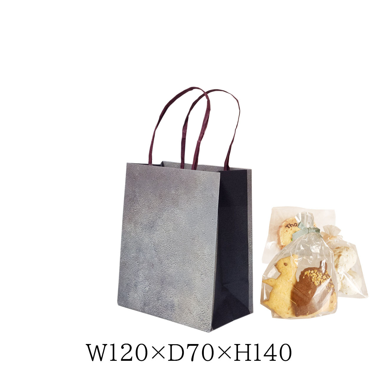 焼き菓子ギフトに使いやすいグレーのテクスチャ手提げ紙袋。W120×D70×H140で落ち着いた雰囲気のパッケージに最適。