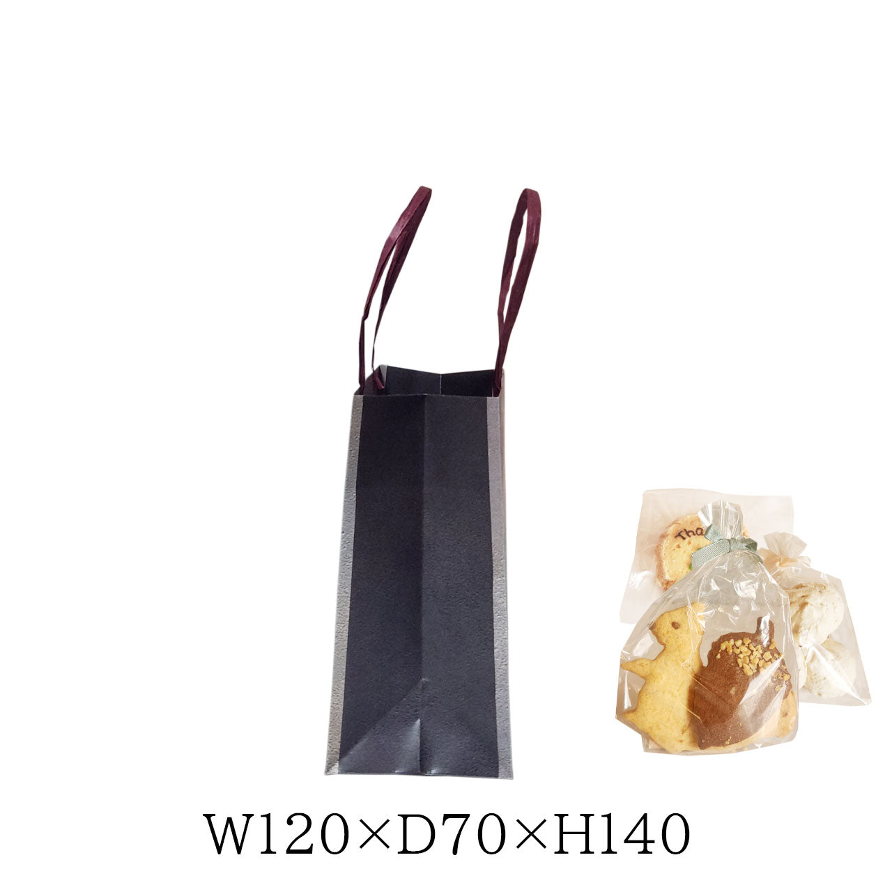 焼き菓子ギフトに使いやすいグレーのテクスチャ手提げ紙袋。W120×D70×H140で落ち着いた雰囲気のパッケージに最適。