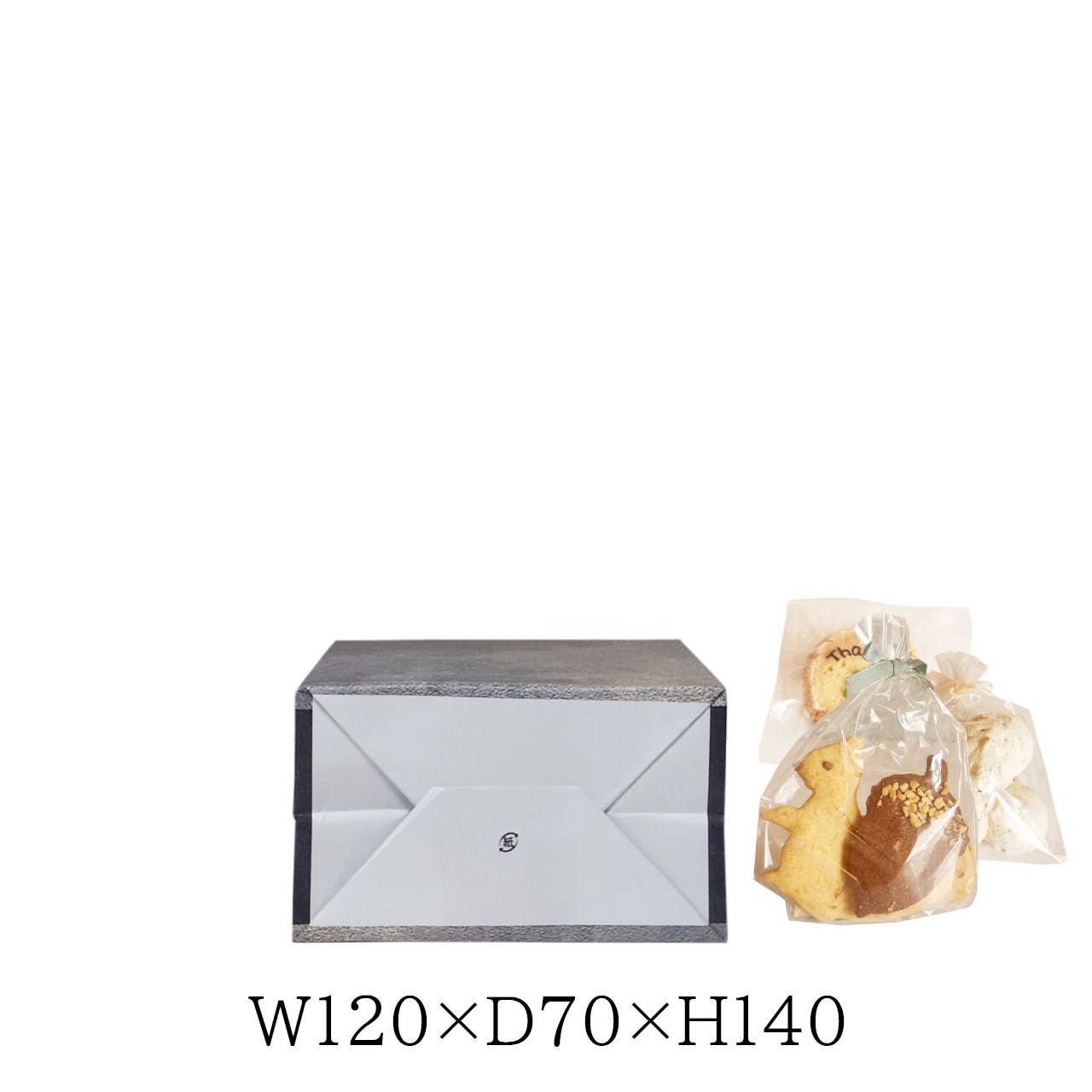 焼き菓子ギフトに使いやすいグレーのテクスチャ手提げ紙袋。W120×D70×H140で落ち着いた雰囲気のパッケージに最適。