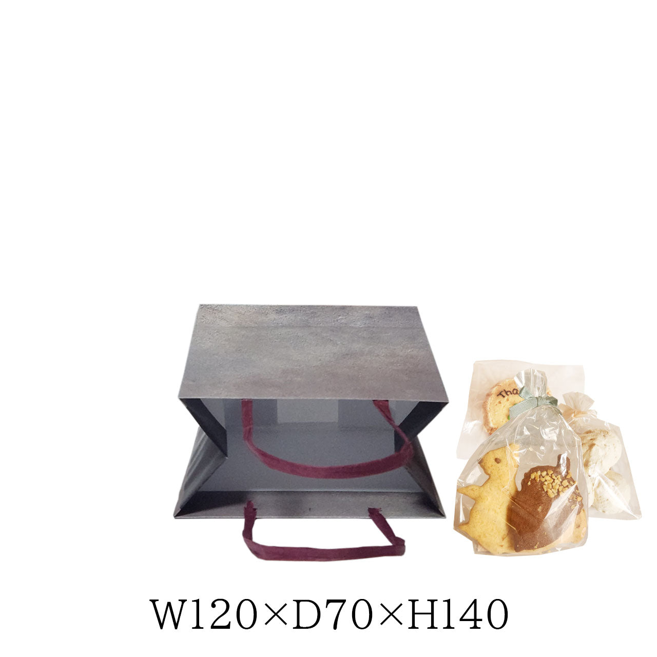 焼き菓子ギフトに使いやすいグレーのテクスチャ手提げ紙袋。W120×D70×H140で落ち着いた雰囲気のパッケージに最適。