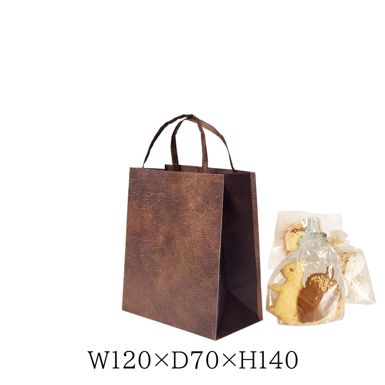 焼き菓子ギフトに使いやすい革風デザインの手提げ紙袋。W120×D70×H140の小サイズで高級感のあるパッケージに最適