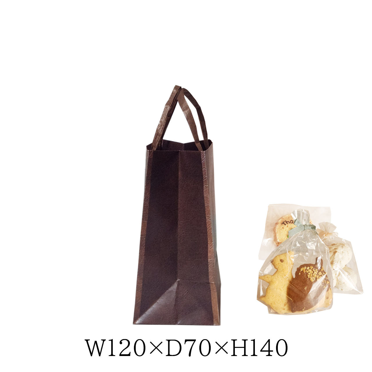 焼き菓子ギフトに使いやすい革風デザインの手提げ紙袋。W120×D70×H140の小サイズで高級感のあるパッケージに最適