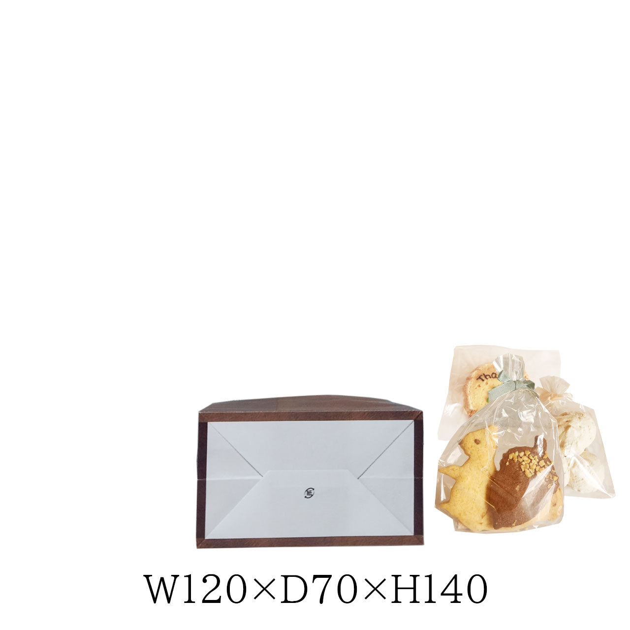 焼き菓子ギフトに使いやすい革風デザインの手提げ紙袋。W120×D70×H140の小サイズで高級感のあるパッケージに最適