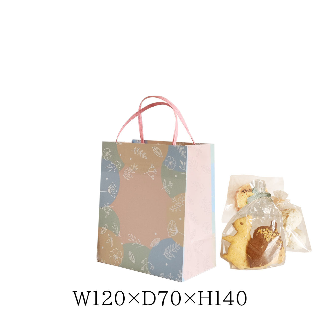 花柄デザインの小ぶりな紙袋と個包装された焼き菓子のセット。W120×D70×H140サイズのミニ手提げ紙袋で、ギフトやスイーツの持ち帰りに最適。