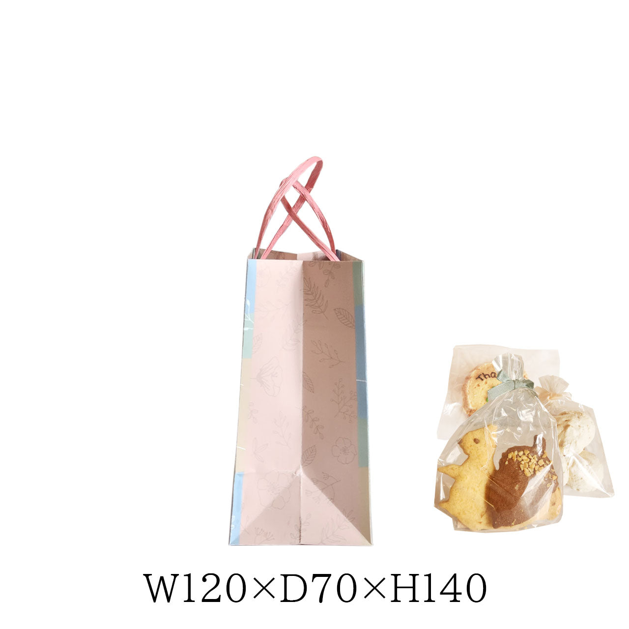 花柄デザインの小ぶりな紙袋と個包装された焼き菓子のセット。W120×D70×H140サイズのミニ手提げ紙袋で、ギフトやスイーツの持ち帰りに最適。