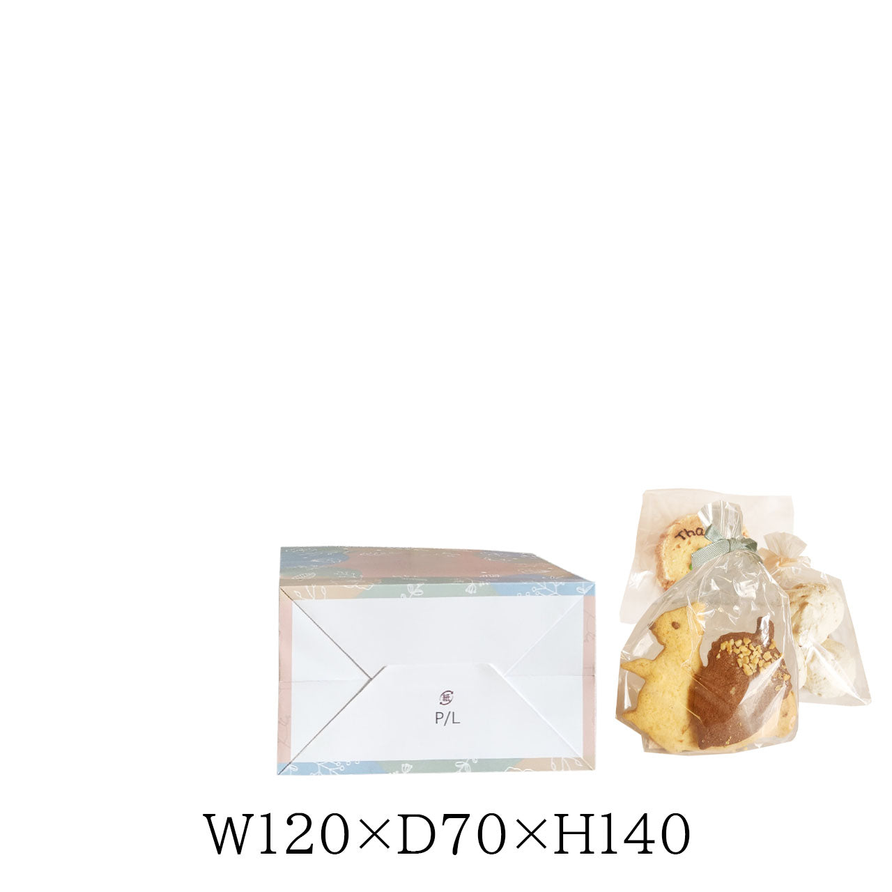 花柄デザインの小ぶりな紙袋と個包装された焼き菓子のセット。W120×D70×H140サイズのミニ手提げ紙袋で、ギフトやスイーツの持ち帰りに最適。