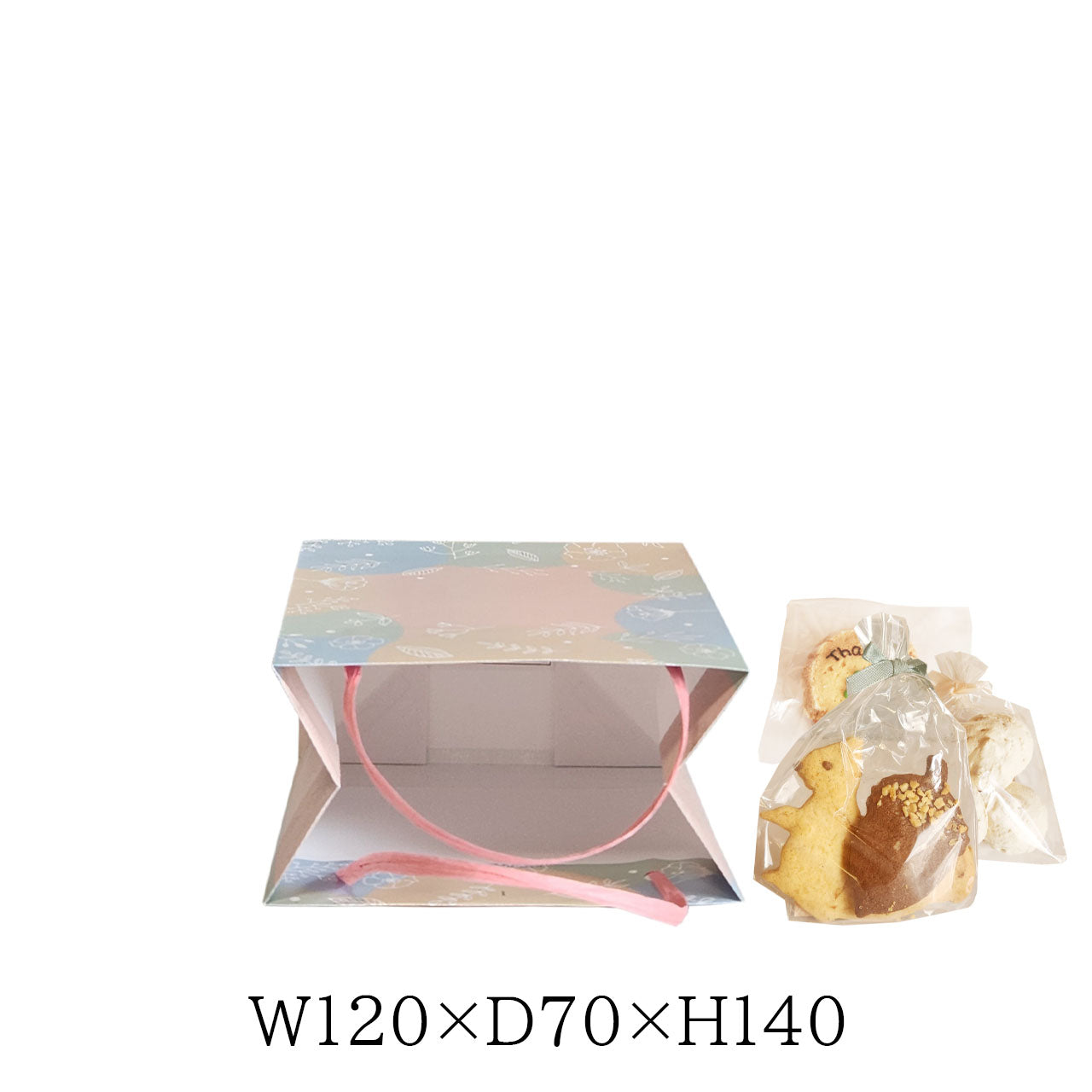 花柄デザインの小ぶりな紙袋と個包装された焼き菓子のセット。W120×D70×H140サイズのミニ手提げ紙袋で、ギフトやスイーツの持ち帰りに最適。
