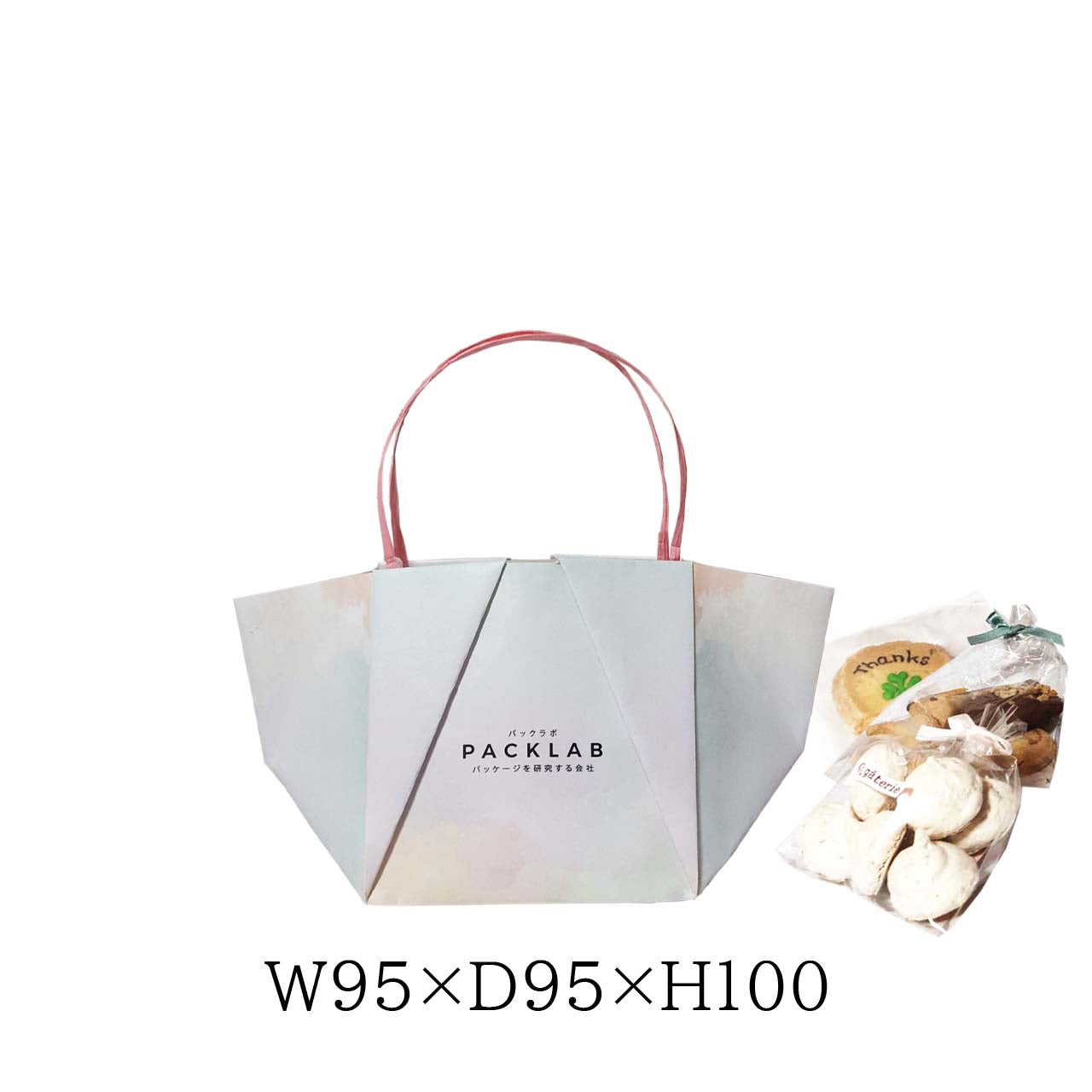 マドレーヌ・クッキー・フィナンシェなどの焼き菓子詰め合わせがちょうど入る W95×D95×H100mm サイズ。やわらかな水彩デザインがスイーツの世界観にぴったりで、高見え・写真映え・SNS映えに強く、店舗ブランディングにも効果的です。