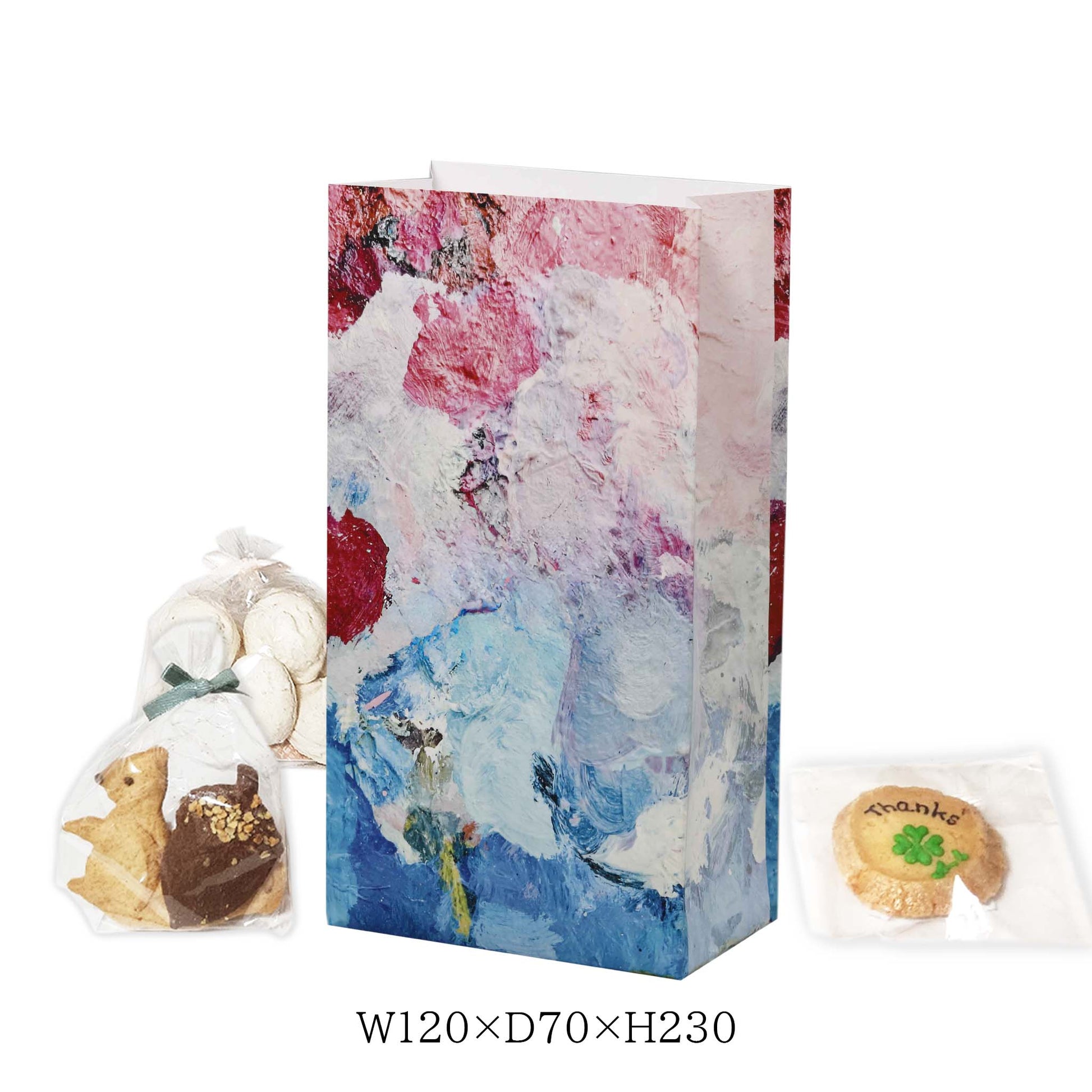 焼き菓子や小物がしっかり入る便利なサイズの角底袋です。おしゃれなデザインで、パーティーやイベントにもぴったり。小ロット専門店パックラボ　油絵柄　ロゴ無し