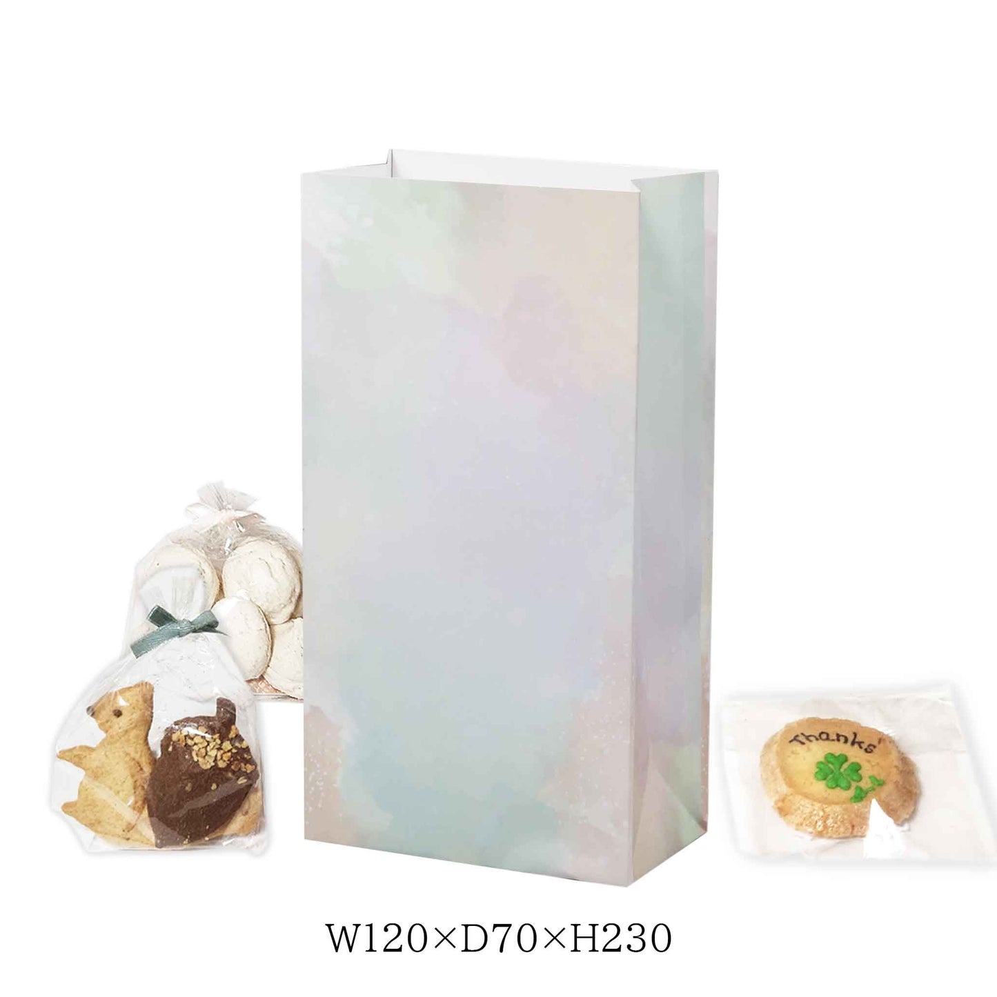 焼き菓子や小物がしっかり入る便利なサイズの角底袋です。おしゃれなデザインで、パーティーやイベントにもぴったり。小ロット専門店パックラボ　水彩柄　ロゴ無し