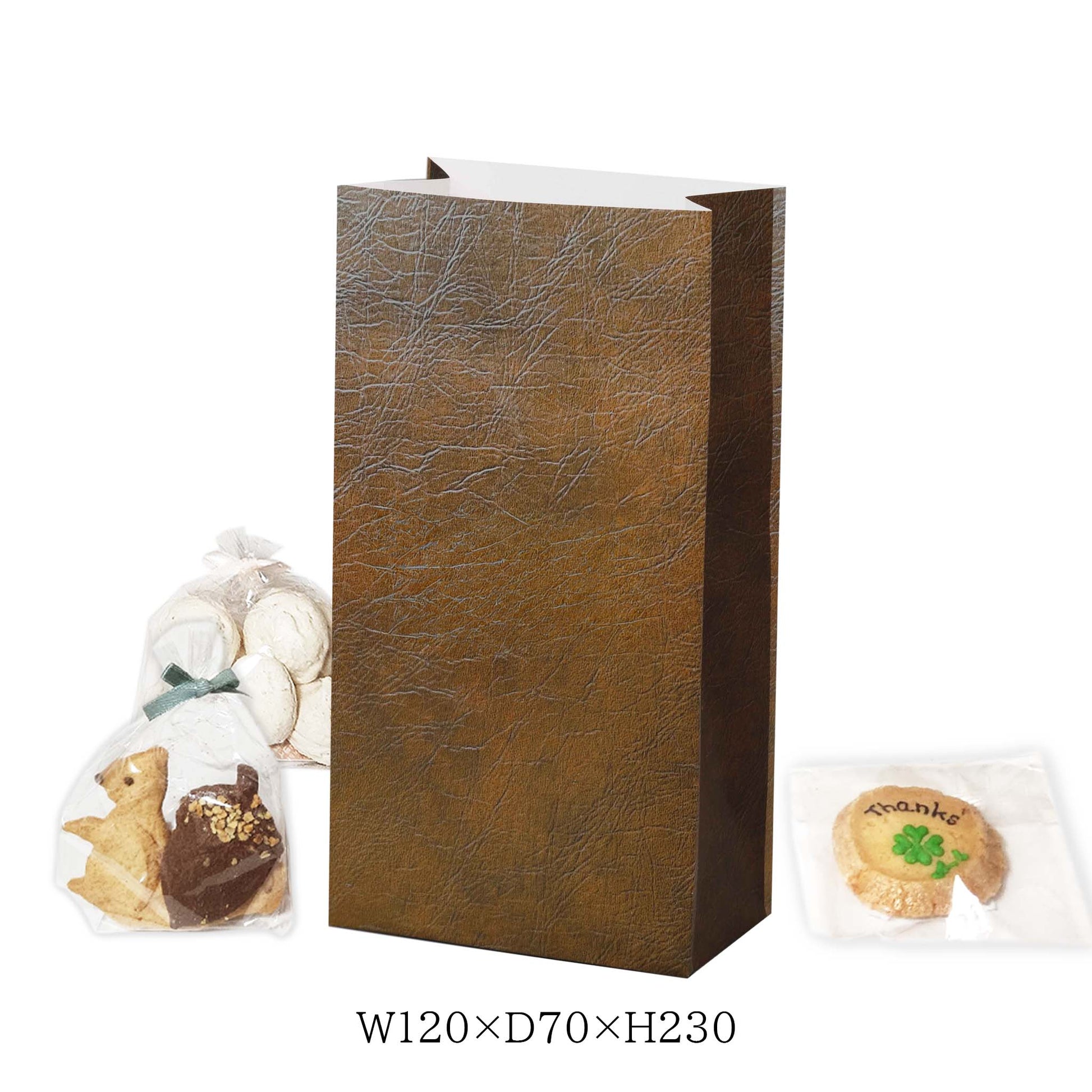 焼き菓子や小物がしっかり入る便利なサイズの角底袋です。おしゃれなデザインで、パーティーやイベントにもぴったり。小ロット専門店パックラボ　レザー柄　ロゴ無し