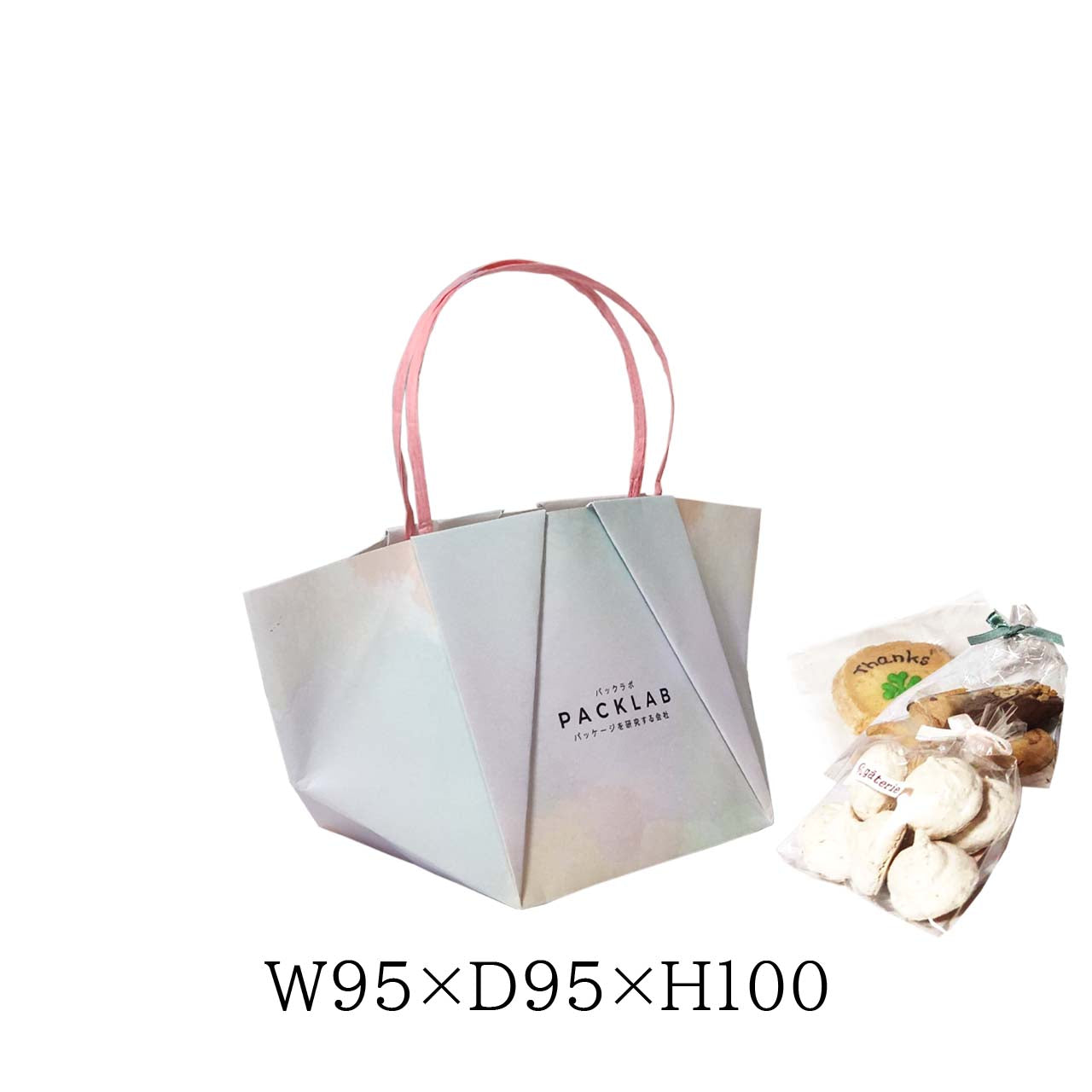 マドレーヌ・クッキー・フィナンシェなどの焼き菓子詰め合わせがちょうど入る W95×D95×H100mm サイズ。やわらかな水彩デザインがスイーツの世界観にぴったりで、高見え・写真映え・SNS映えに強く、店舗ブランディングにも効果的です。