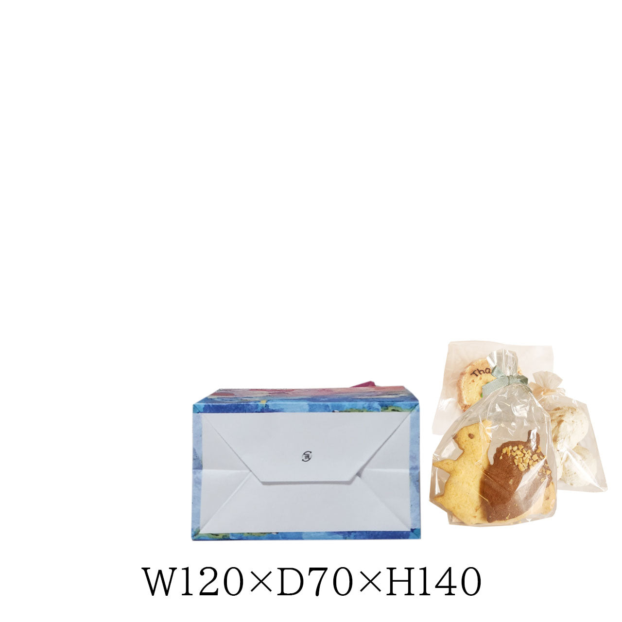 焼菓子を３～４個入れてギフト販売するのにピッタリな手提げ紙袋です。マチもあり小ロットで注文できます。コストを抑えた店舗向けパッケージです。