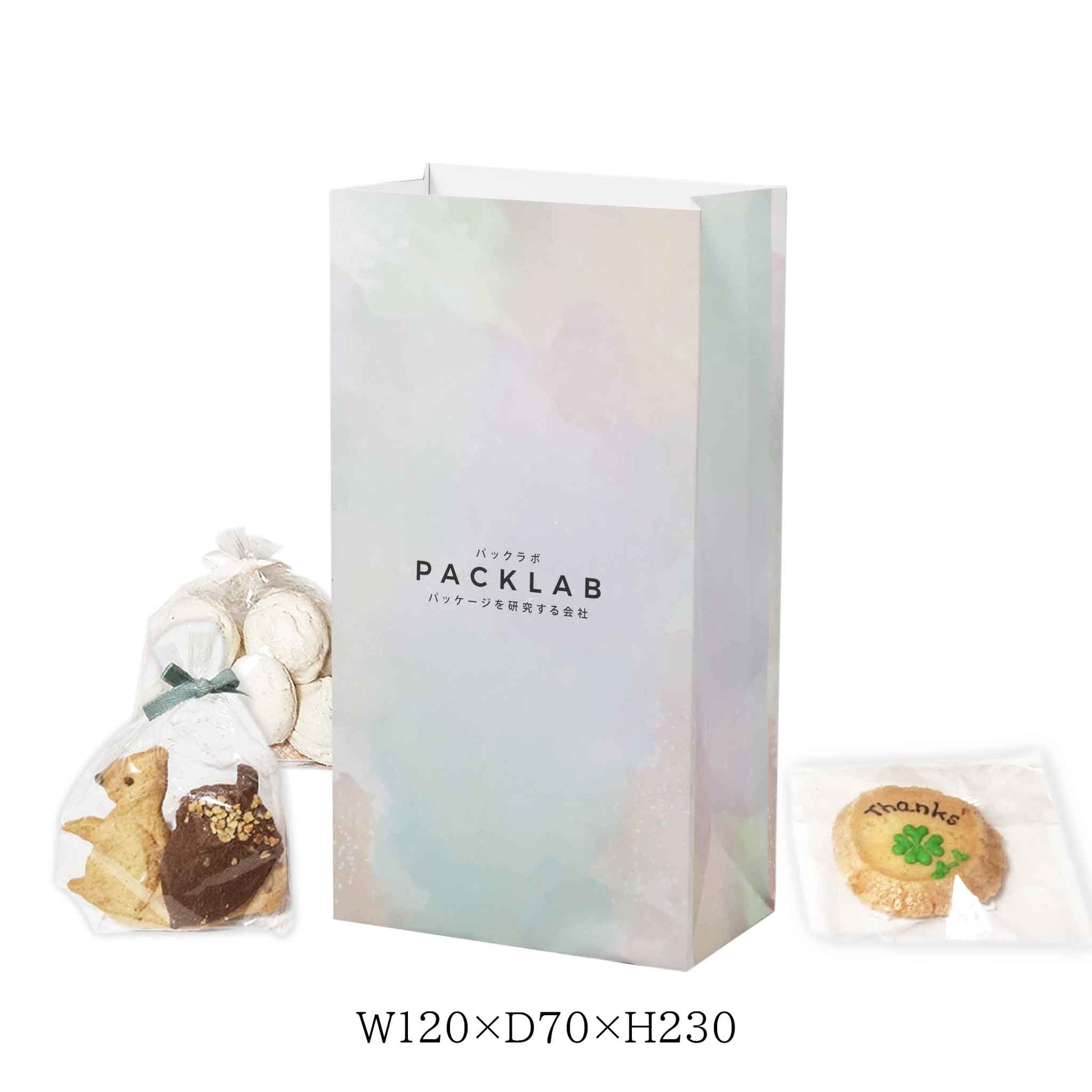 焼き菓子や小物がしっかり入る便利なサイズの角底袋です。おしゃれなデザインで、パーティーやイベントにもぴったり。小ロット専門店パックラボ　水彩柄