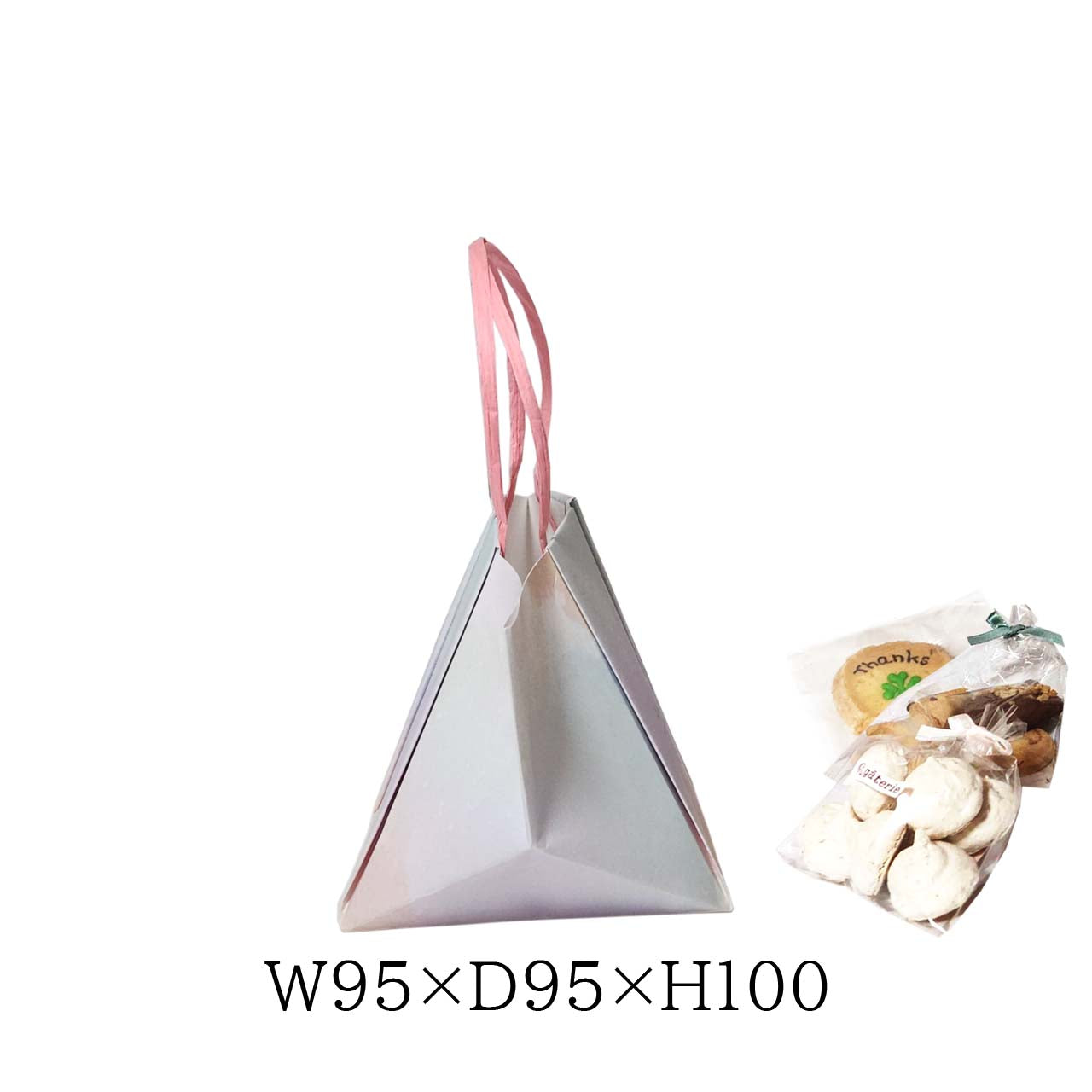 マドレーヌ・クッキー・フィナンシェなどの焼き菓子詰め合わせがちょうど入る W95×D95×H100mm サイズ。やわらかな水彩デザインがスイーツの世界観にぴったりで、高見え・写真映え・SNS映えに強く、店舗ブランディングにも効果的です。