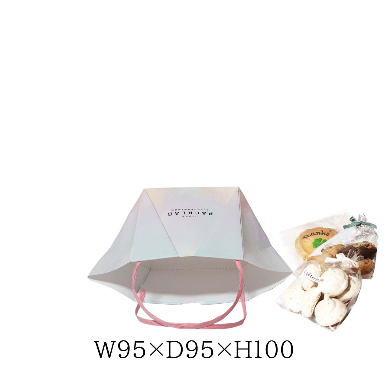 マドレーヌ・クッキー・フィナンシェなどの焼き菓子詰め合わせがちょうど入る W95×D95×H100mm サイズ。やわらかな水彩デザインがスイーツの世界観にぴったりで、高見え・写真映え・SNS映えに強く、店舗ブランディングにも効果的です。