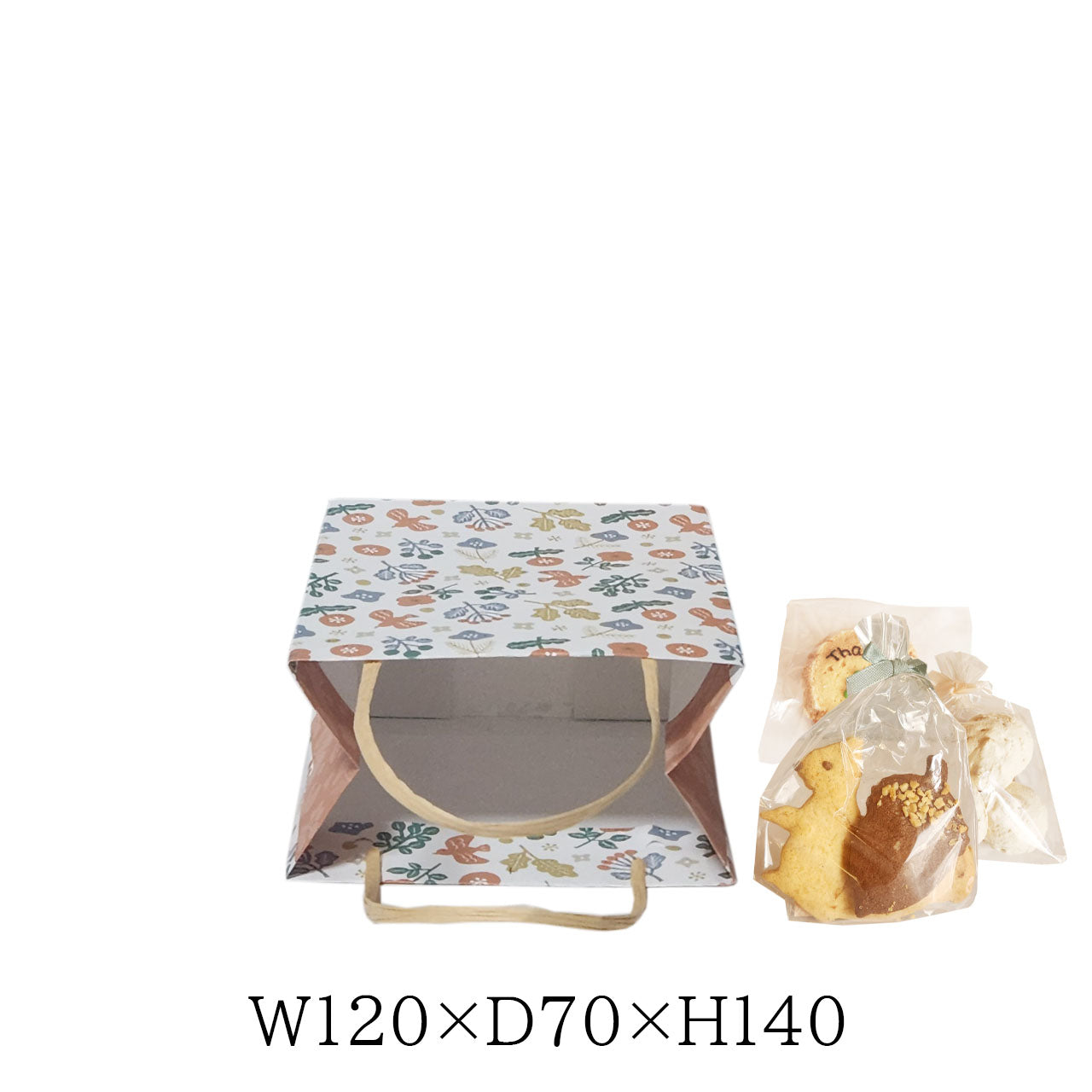 焼菓子を３～４個入れてギフト販売するのにピッタリな手提げ紙袋です。マチもあり小ロットで注文できます。コストを抑えた店舗向けパッケージです。